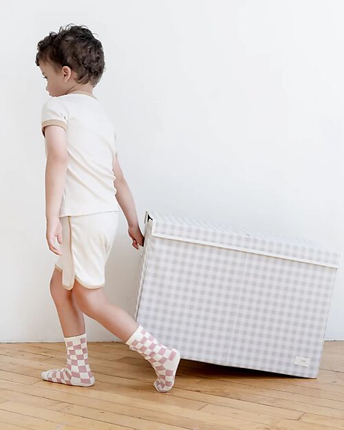 3 Sprouts Baule Portagiochi Ripiegabile - Gingham - Beige - 100% Poliestere Riciclato - 62x38x38cm Contenitori Porta Giochi