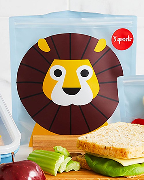 3 Sprouts Maxi Bustine Portamerenda Riutilizzabili, Leone Blu - 2 Pezzi Porta Merenda