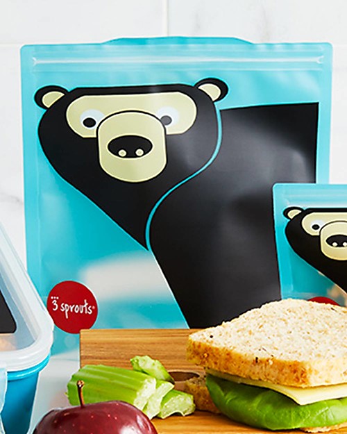 3 Sprouts Maxi Bustine Portamerenda Riutilizzabili, Orsa Verde Petrolio - 2 Pezzi Porta Merenda