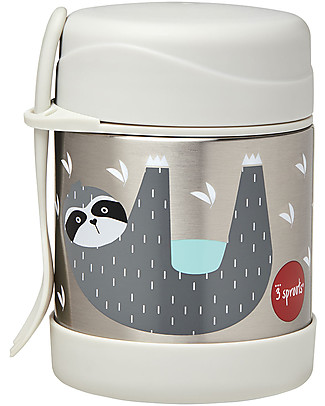 3 Sprouts Thermos Porta Cibo in Acciaio Inossidabile con Cucchiaio-Forchetta - 350 ml - Bradipo Grigio Porta Merenda