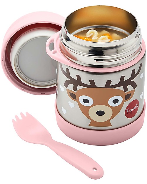 3 Sprouts Thermos Porta Cibo in Acciaio Inossidabile con Cucchiaio-Forchetta, 350 ml -  Cerbiatto Rosa Contenitori Termici