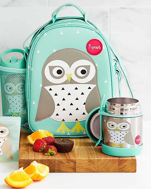 3 Sprouts Thermos Porta Cibo in Acciaio Inossidabile con Cucchiaio-Forchetta, 350 ml -  Gufo Verde Contenitori Termici