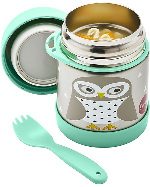 3 Sprouts Thermos Porta Cibo in Acciaio Inossidabile con Cucchiaio-Forchetta, 350 ml -  Gufo Verde Contenitori Termici