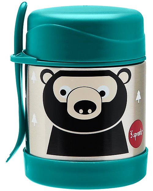 3 Sprouts Thermos Porta Cibo in Acciaio Inossidabile con Cucchiaio-Forchetta, 350 ml - Orso Petrolio Contenitori Termici