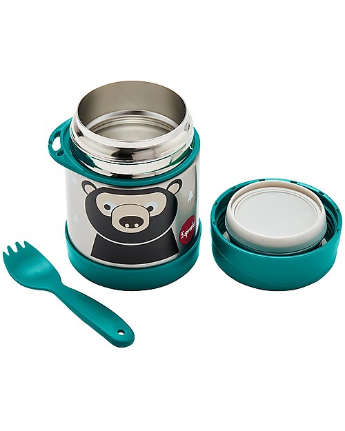 3 Sprouts Thermos Porta Cibo in Acciaio Inossidabile con Cucchiaio-Forchetta, 350 ml - Orso Petrolio Contenitori Termici