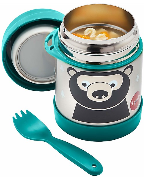 3 Sprouts Thermos Porta Cibo in Acciaio Inossidabile con Cucchiaio-Forchetta, 350 ml - Orso Petrolio Contenitori Termici
