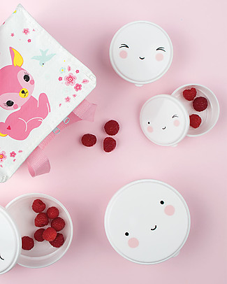 A Little Lovely Company 4 Porta Pranzo Happy Face - Bianco - Senza BPA o ftalati Contenitori Latte e Snack