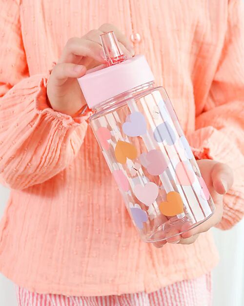 A Little Lovely Company Borraccia con Cannuccia 450 ml - Cuori - Senza BPA! Borracce non Termiche