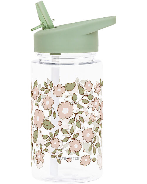 A Little Lovely Company Borraccia con Cannuccia 450 ml - Fiori Verde Salvia  - Senza BPA! unisex (bambini)