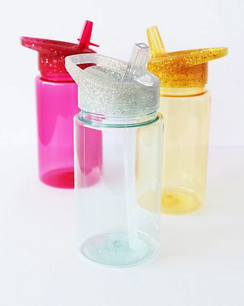 A Little Lovely Company Borraccia con Cannuccia 450 ml - Glitter Argento - Senza BPA! Borracce non Termiche