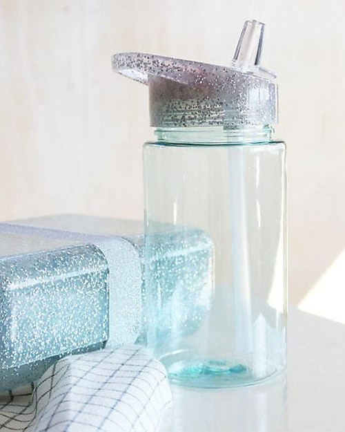 A Little Lovely Company Borraccia con Cannuccia 450 ml - Glitter Argento - Senza BPA! Borracce non Termiche