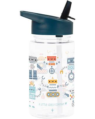 A Little Lovely Company Borraccia con Cannuccia 450 ml - Robot - Senza BPA! Borracce non Termiche