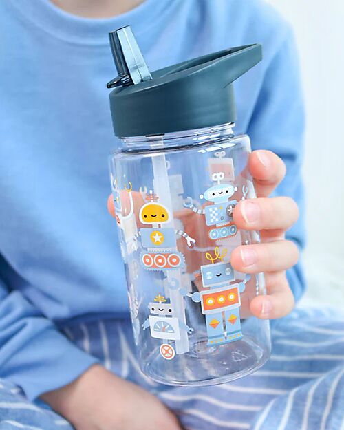 A Little Lovely Company Borraccia con Cannuccia 450 ml - Robot - Senza BPA! Borracce non Termiche