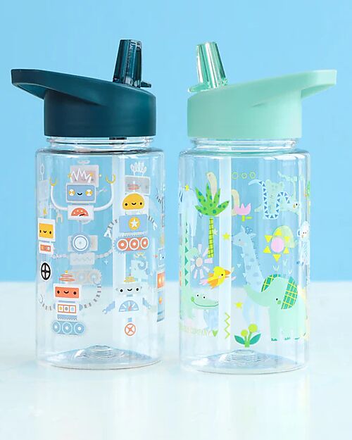 A Little Lovely Company Borraccia con Cannuccia 450 ml - Robot - Senza BPA! Borracce non Termiche