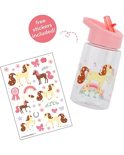 A Little Lovely Company Borraccia con Cannuccia da Decorare con Sticker, Cavallo - 450 ml Borracce non Termiche