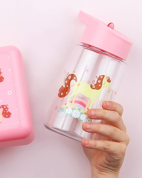 A Little Lovely Company Borraccia con Cannuccia da Decorare con Sticker, Cavallo - 450 ml Borracce non Termiche