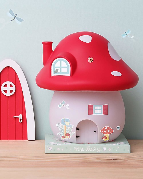 A Little Lovely Company Luce da Notte LED, Casetta Fungo con adesivi - Rosso Lampade da Comodino