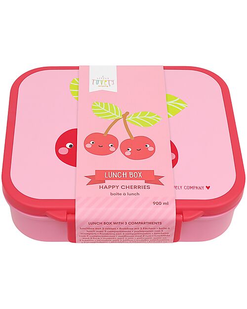A Little Lovely Company Porta Pranzo 3 Scomparti - Ciliegie Felici - 17 x 5 x 18 cm Porta Merenda