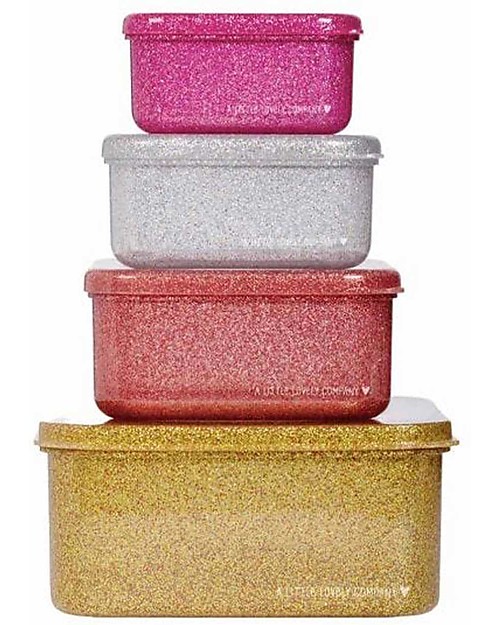 A Little Lovely Company Set di Contenitori Porta Pranzo e Porta Merenda - Glitter Rosa e oro Porta Merenda