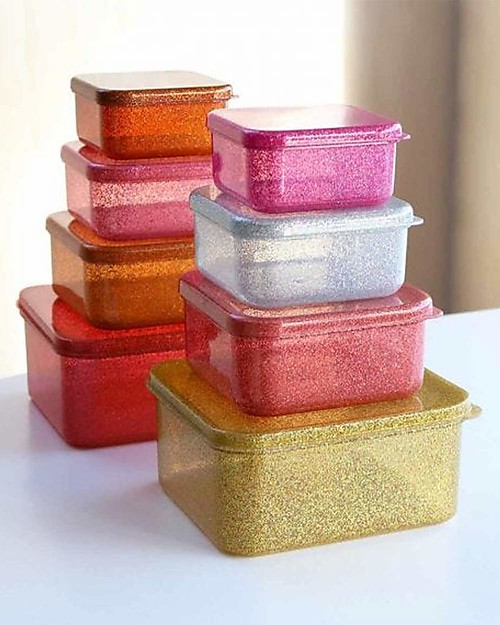 A Little Lovely Company Set di Contenitori Porta Pranzo e Porta Merenda - Glitter Rosa e oro Porta Merenda