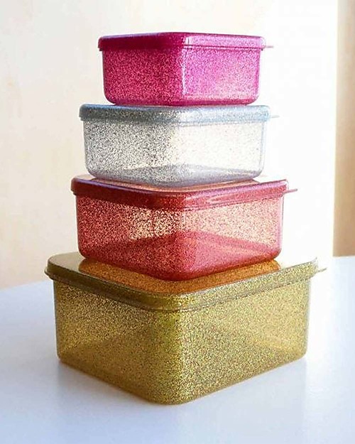 A Little Lovely Company Set di Contenitori Porta Pranzo e Porta Merenda - Glitter Rosa e oro Porta Merenda