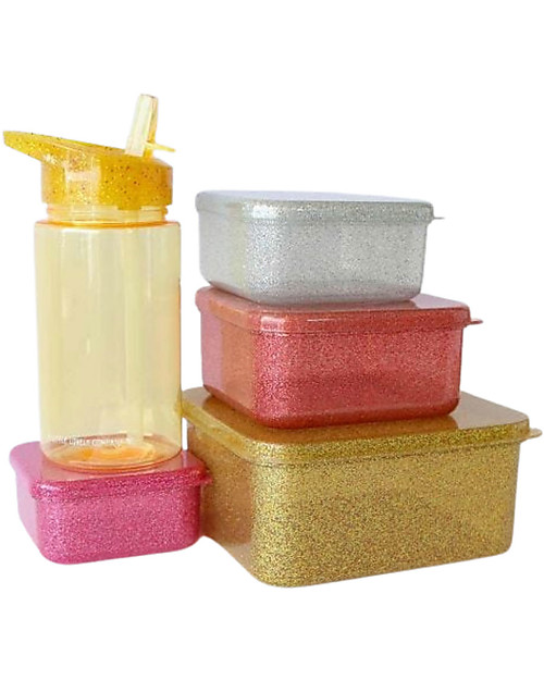 A Little Lovely Company Set di Contenitori Porta Pranzo e Porta Merenda - Glitter Rosa e oro Porta Merenda