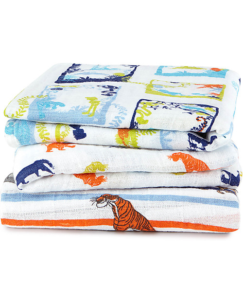 Aden & Anais Set 3 Pezze di Mussola Milleusi, Libro della giungla - 100% Mussola di Cotone 70x70 cm Swaddle di Mussola