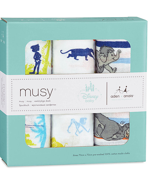 Aden & Anais Set 3 Pezze di Mussola Milleusi, Libro della giungla - 100% Mussola di Cotone 70x70 cm Swaddle di Mussola