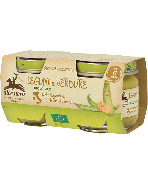 Alce Nero Omogeneizzato di Legumi e Verdure Biologico, 2 Vasetti - 100% ingredienti italiani Omogeneizzati