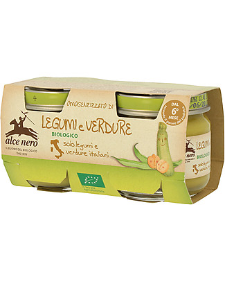 Alce Nero Omogeneizzato di Legumi e Verdure Biologico, 2 Vasetti - 100% ingredienti italiani Omogeneizzati
