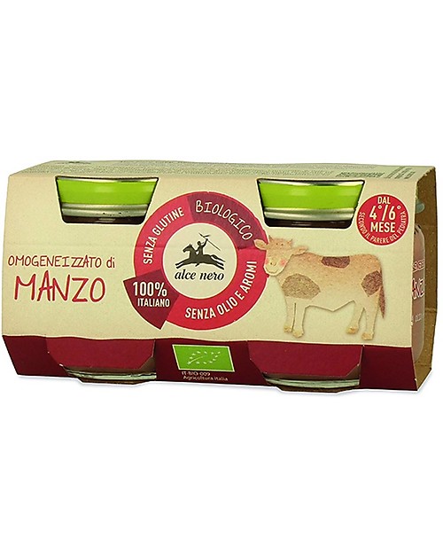 Alce Nero Omogeneizzato di Manzo Biologico, 2 Vasetti - 100% carne italiana Omogeneizzati