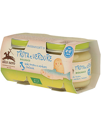 Alce Nero Omogeneizzato di Trota con Verdure Biologico, 2 Vasetti - 100% ingredienti italiani Omogeneizzati