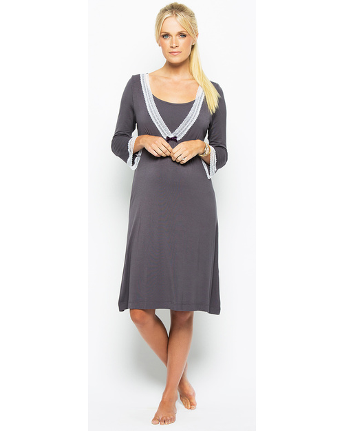 Amoralia Camicia da Notte Premaman e Allattamento - Manica 3/4 Grigio e Pizzo Camicie da Notte
