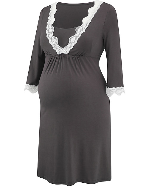 Amoralia Camicia da Notte Premaman e Allattamento - Manica 3/4 Grigio Peltro e Pizzo Camicie da Notte