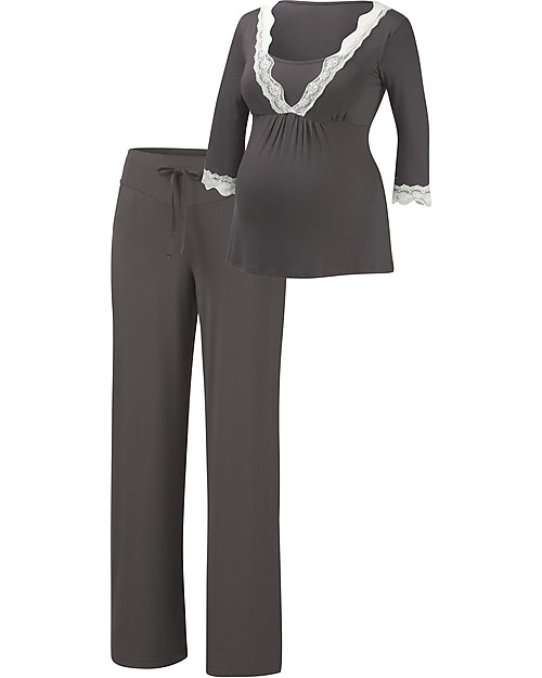 Amoralia Pigiama Premaman e Allattamento - Manica 3/4 Grigio Peltro e Pizzo Pigiami