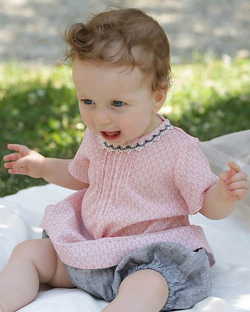 ANG Studio Abito Camicia con Pizzo Isotta, Fiorellini Rosa - 100% cotone Vestiti_