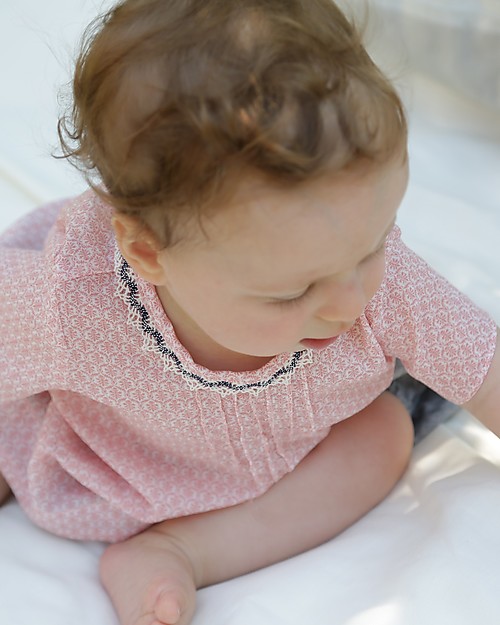 ANG Studio Abito Camicia con Pizzo Isotta, Fiorellini Rosa - 100% cotone Vestiti_