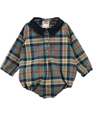 ANG Studio Gino - Body Camicia a Maniche Lunghe Tartan - Turchese - 100% Cotone Oeko Tex Body Manica Lunga
