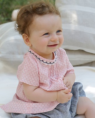 Ang Un Bebé Abito Camicia con Pizzo Isotta, Fiorellini Rosa - 100% cotone Vestiti