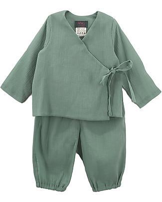 Ang Un Bebé Completo Kimono Casacca + Pantalone Verde - 100% Cotone Completi