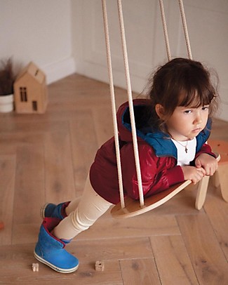 Babai Toys Altalena in Legno - Corda Beige - per Interni e Esterni - con Borsa in Cotone per Trasportarla Ovunque Giochi da Viaggio_