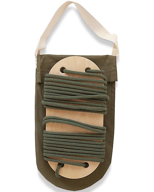 Babai Toys Altalena in Legno  - Corda Khaki - per Interni e Esterni - con Borsa in Cotone per Trasportarla Ovunque Giochi da Esterno_