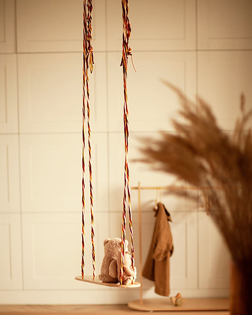 Babai Toys Altalena in Legno  - Corda Multicolor - per Interni e Esterni - con Borsa in Cotone per Trasportarla Ovunque Giochi da Esterno_