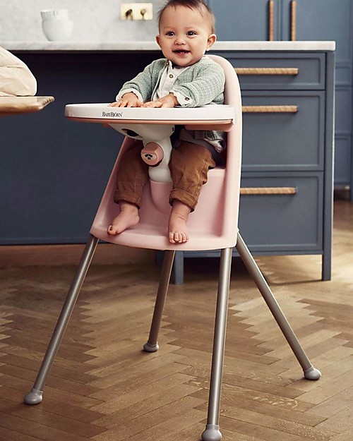 BabyBjörn Seggiolone Richiudibile, Rosa Cipria/Grigio - Chiusura di Sicurezza e Vassoio Smontabile Seggioloni Pappa