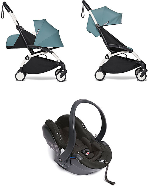 Babyzen Trio YOYO² - Telaio Bianco, Rivestimento Acqua 0+ e 6+, Seggiolino Auto 0+ Izi Go Passeggini Trio e Duo