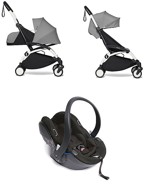 Babyzen Trio YOYO² - Telaio Bianco, Rivestimento Grigio 0+ e 6+, Seggiolino Auto 0+ Izi Go Passeggini Trio e Duo