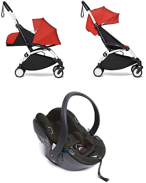 Babyzen Trio YOYO² - Telaio Bianco, Rivestimento Rosso 0+ e 6+, Seggiolino Auto 0+ Izi Go Passeggini Trio e Duo
