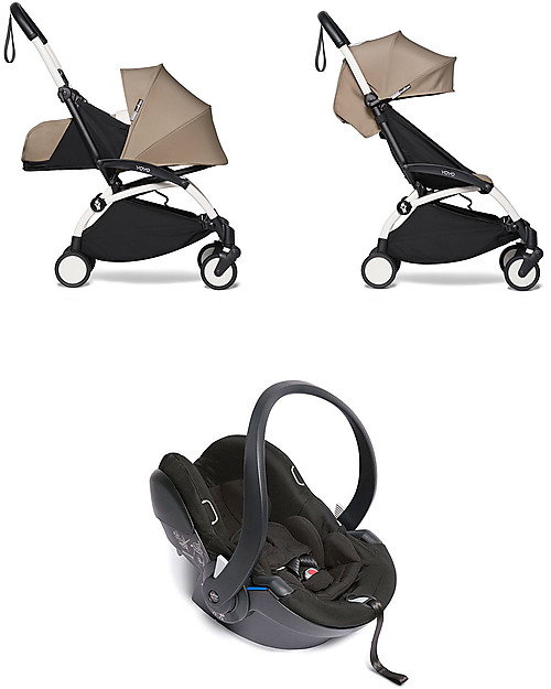 Babyzen Trio YOYO² - Telaio Bianco, Rivestimento Tortora 0+ e 6+, Seggiolino Auto 0+ Izi Go Passeggini Trio e Duo