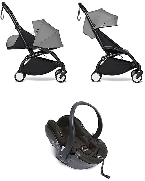 Babyzen Trio YOYO² - Telaio Nero, Rivestimento Grigio 0+ e 6+, Seggiolino Auto 0+ Izi Go Passeggini Leggeri