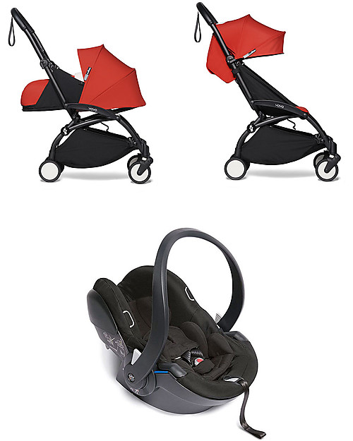 Babyzen Trio YOYO² - Telaio Nero, Rivestimento Rosso 0+ e 6+, Seggiolino Auto 0+ Izi Go Passeggini Trio e Duo
